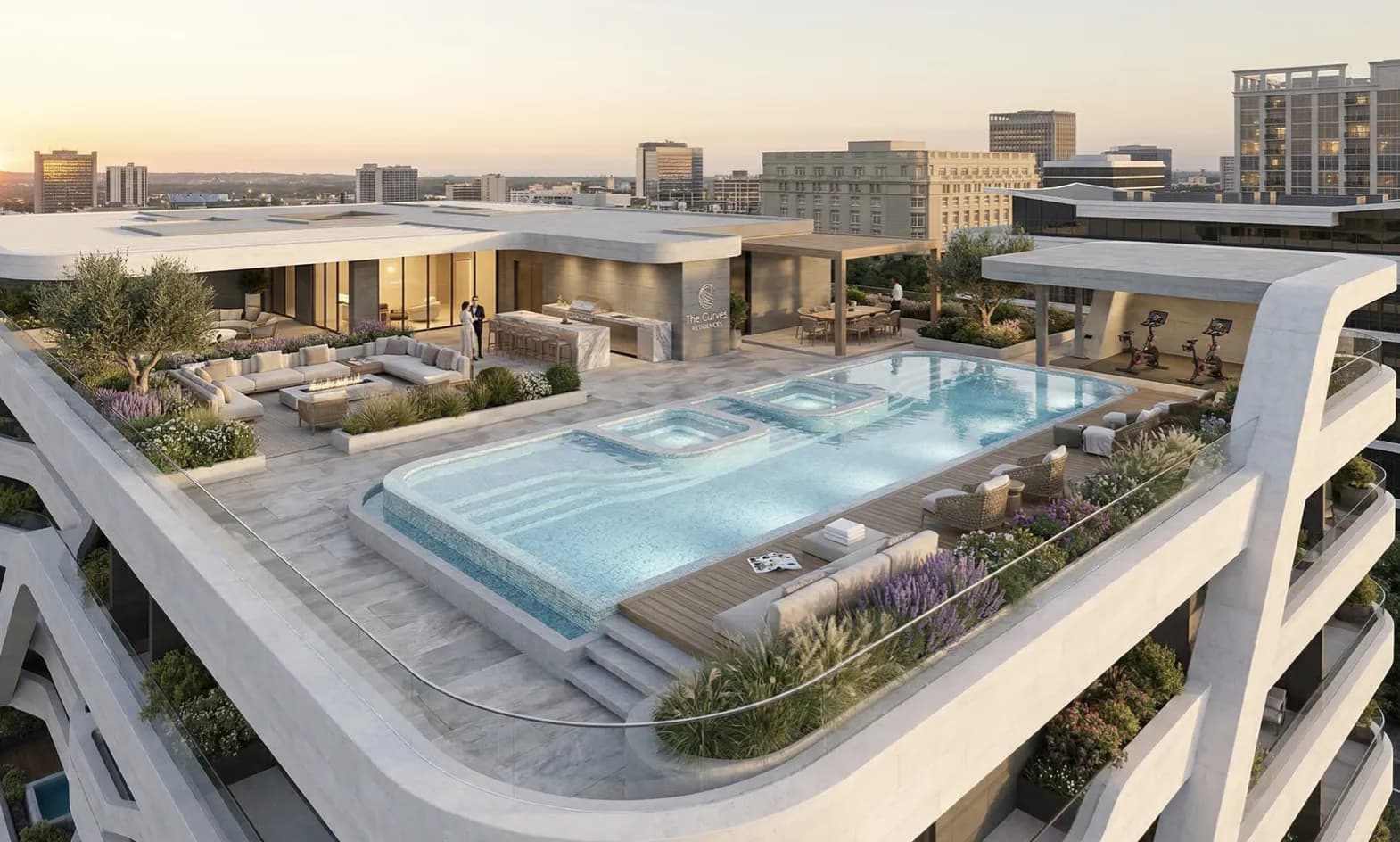 Rooftop pool and amenities aerial view